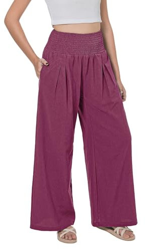 Lofbaz Mujer Pantalones de Pierna Ancha Palazzo de Algodón Lino Fluido Verano Cintura Alta Playa Boho de Salón con Bolsillos Fucsia XL