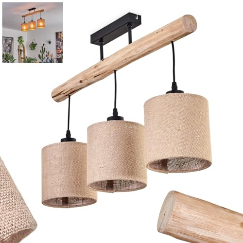 HOFSTEIN Deckenleuchte Soungou, Deckenlampe aus Metall/Holz/Leinen in Schwarz/Naturfarben/Beige, Leuchte im Boho/skandinavischen Design mit Holzstab, 3xE27, Wohnzimmer, Esszimmer, Schlafzimmer, Küche
