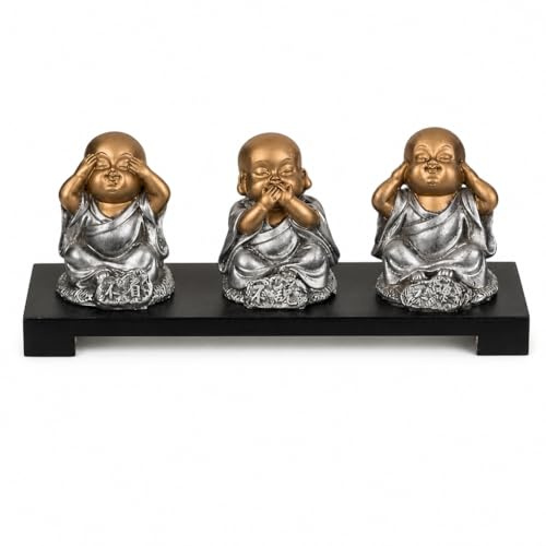 MIJOMA Figura Decorativa 3 Buda Sentado sobre Banco de Madera | Motivo: No veas, digas, no escuches el Mal | Dimensiones: 20 x 9 cm | Material: combinación de poliresina y Madera | Accesorio espiritu
