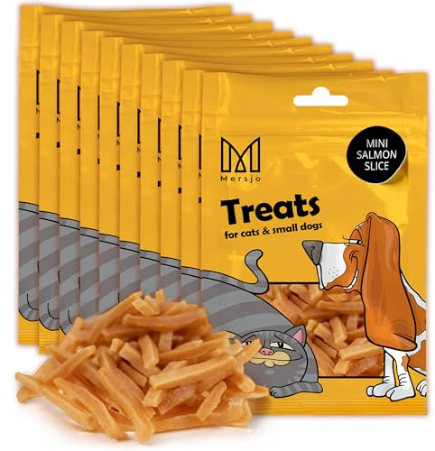 MERSJO Katzenleckerli - 90% Hoher Fleischanteil, Keine Zusatzstoffe, Getreide- und Zuckerfrei, Leckereien für Katzen und Hunde zur täglichen Ergänzung, Lachsscheiben, 10x50g