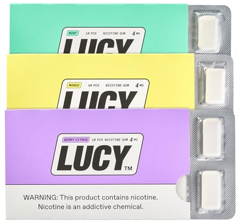 Lucy Nicotine Gum 4mg, 30 Count [Sample Pack] - Discreet, Take On-The-Go | Contains Berry Citrus, Mango, Mint Flavors