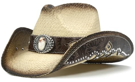 FLUFFY SENSE. Cowboyhut für Damen und Herren, Strohhut, Westernhut, bestickt, Cowboyhut für Cowboys und Cowgirls, Hellbraun, S-M
