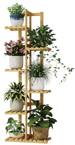 Bamworld Pflanzenständer Blumenständer Bambus Pflanzenregal Indoor Blumenregal Kleines Metall Blumenständer für Terrasse, Garten, Balkon, Wohnzimmer, Schlafzimmer (6 Etagen)