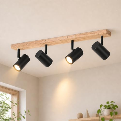 Glitzerlife Deckenstrahler 4 Flammig Holz Deckenlampe Schwarz Deckenspots | GU10 Flurlampe Schwenkbar 350°Vintage Deckenleuchte Flur für Wohnzimmer Schlafzimmer Esstisch Küche Kindzimmer MAX.25W