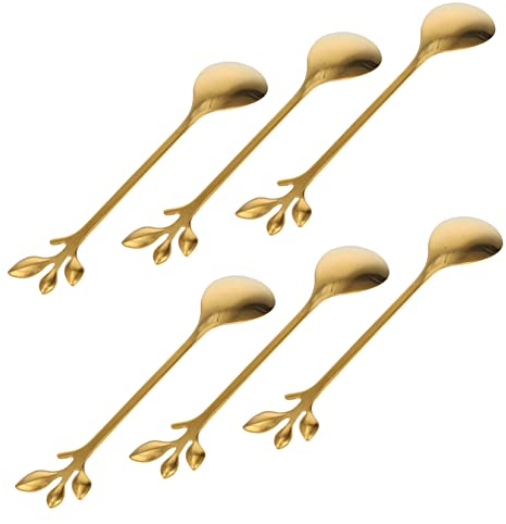 Garneck Leaf Shape Stainless Steel Coffee Spoons Long Handle Golden Dessert Stirring Spoons Set of 6 for Cocktail Tea and Ice Cream Mixing