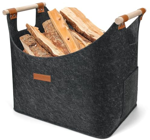 XL 60L Holzkorb für Kaminholz, Extra Dicker Filztasche, Kaminholzkorb mit Verstärktem Holzgriff, Groß Filztaschen Shopper für Brennholz, Holz, Zeitungen oder Einkäufe (45 X 32 X 40cm, Dunkelgrau)