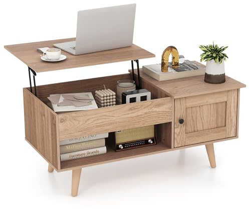 COSTWAY Couchtisch höhenverstellbar, Wohnzimmertisch mit Stauraum, Beistelltisch mit verstecktem Fach & Schrank & offenem Regal & Hebeplatte, Kaffeetisch für Büro Wohnzimmer, 100x50x46/60 cm (Natur)