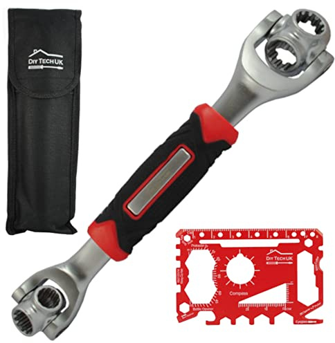 DIY TECH UK - 48 in 1 Universal Socket Wrench + Free 48 in 1 Wallet Tool - Extra Strong High Carbon Stainless Steel - 360 Degree Rotation - Multi Function Repairs 12 Point, Round Hex, Spline + Pouch
