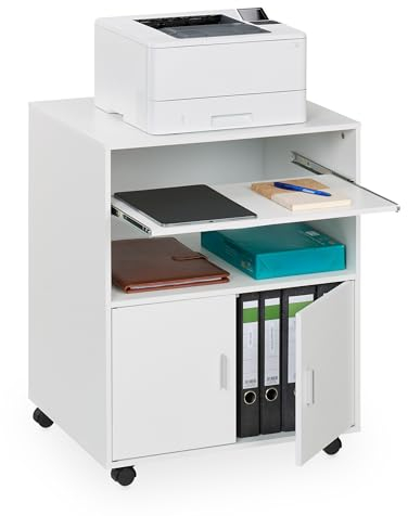 Relaxdays Rollcontainer mit 2 Fächern & Tastaturauszug, Druckertisch mit Rollen, HBT: 74 x 60 x 48 cm, Büroschrank, weiß