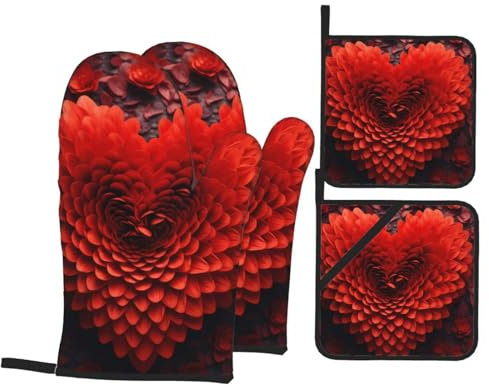 YYHWHJDE Set di 4 guanti da forno e presine stampati con cuore rosso per San Valentino: spessi e resistenti, anti-scottatura e termoisolanti