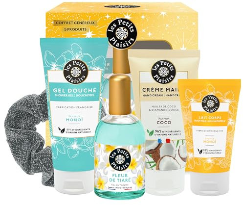 Les Petits Plaisirs - Coffret parfum Fleur de tiaré, Eau de toilette femme, Gel Douche, Crème Mains, Lait corps, Coffret cadeau femme, Made in France, 5 produits