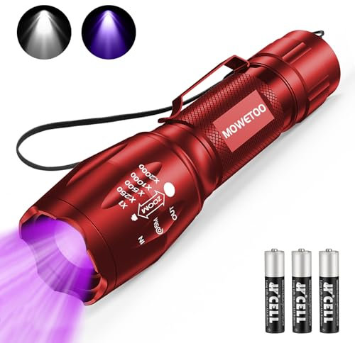 MOWETOO Torcia, lampada UV 2 in 1, lampada a luce nera, 395 nm, ultravioletta, 4 modalità, rivelatore per banconote, urina di cani e altri animali domestici, 3 batterie AAA, 40 W, rosso