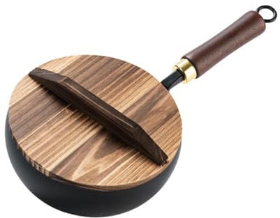UGCER Mini sartén Wok de Acero al Carbono con Tapa de Madera, sartén Antiadherente para saltear, Mango de Madera Desmontable, sartén Multifuncional para cocinas a Gas,20cm/7.9in