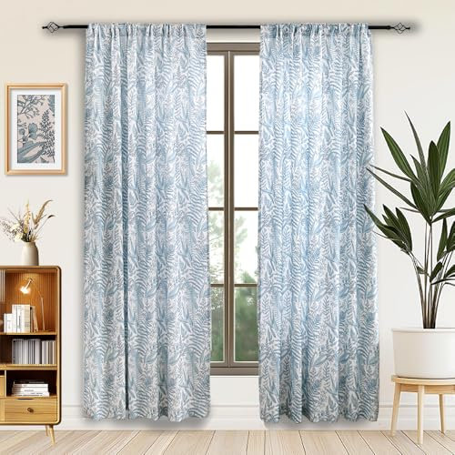 Autum Dream Blackout Curtains 2 Panels Chenille Curtains Drapes for Bedroom Back Tab Rod Pocket Poppy Floral Farmhouse Curtains for Living Room, Patio Doors,Blue Floral, 52 W x 96 L