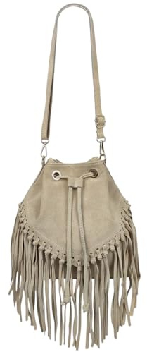 Modarno Bolso tipo cubo de piel de ante con flecos 26 x 13 x 26 cm, beige