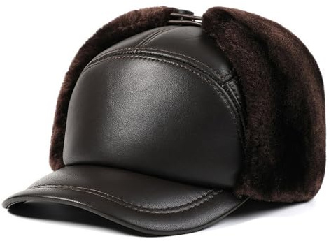 Reyox Herren Basecap aus Leder, Warme Trappermütze, Wintermütze mit Schirm und Ohrenklappen Lammleder Braun 1 X-Large