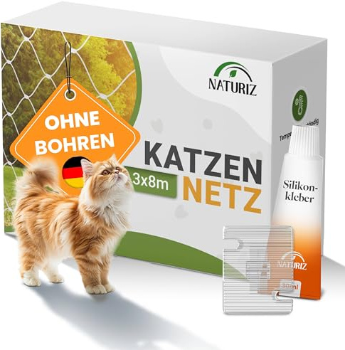 Naturiz® Rete per gatti per balcone senza fori inclusa con ganci adesivi e silicone – Rete di protezione per gatti per balcone e finestre, rete per gatti trasparente - Rete anti-piccioni, protezione