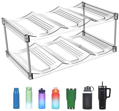 Geoyien Porta Bottiglie di Vino, Portabottiglie Vino, 2 Strati Trasparente Bottiglia Dacqua Organizzatore per Vino, Bevande, Succhi di Frutta, Ogni Rack Contiene 3 Bottiglie