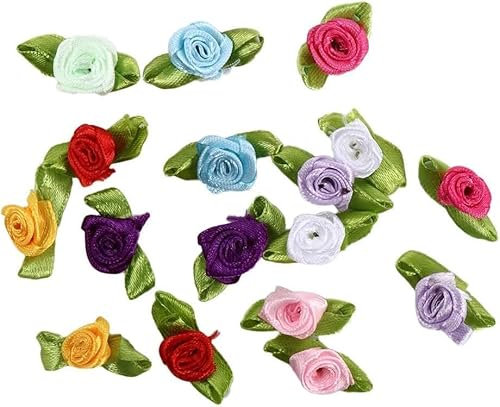 100Pcs Mixed Color Mini Ribbon Rose Flower Ornament, Satin Fabric Rose Buds with Leaves, Roses Sewing Appliques Trim and Embellishments for Jacket Skirt Decor
