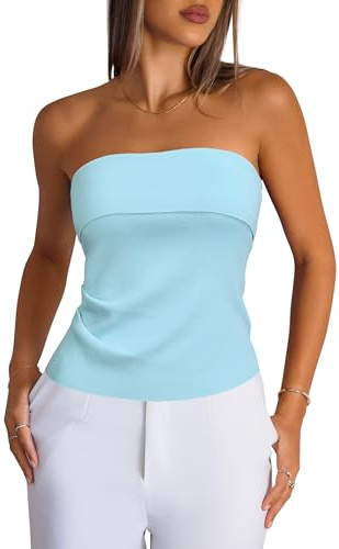 Arach&Cloz Women's Silk Blend Tube Tops Summer Ruched Strapless Off Shoulder Top Bandeau Sexy Trendy Going Out Outfits