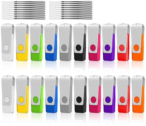 AGECASH - Chiavetta USB 2.0 da 8 GB, confezione da 20 unità di memoria pendrive girevole, confezione multipla con 20 cordini neri (colorata, 8 GB)