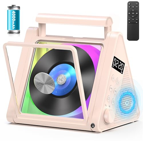 Greadio CD Player Tragbar, 4000mAh Wiederaufladbarer FM Radio mit Stereoanlage und Bluetooth 5.3,USB,AUX, Fernbedienung,2 * 10W-HiFi-Sound-Lautsprecher,RGB-Farbige Lichter MP3 CD Player Kinder (Rosa)
