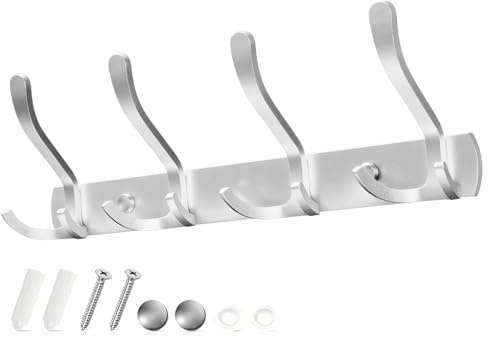 Sevenpers Coat Rack Wall Mounted - 4 Tri Hooks, Heavy Duty, Stainless Steel, Rust-Free Coat Hooks Rail for Jackets Hats Towel Purse Robes Living Room Bathroom Entryway Kitchen, Silver