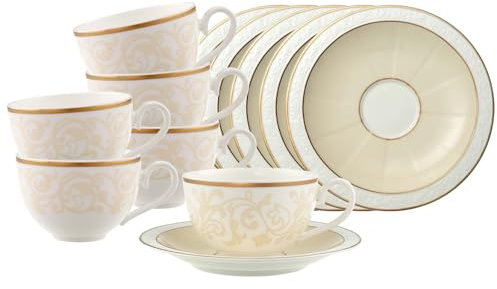 Villeroy & Boch Ivoire - Lot de 6 tasses à café/thé (120 ml) avec soucoupes (16 cm) - Service à café/thé avec notes chaudes dorées et ivoire - Passe au lave-vaisselle - Porcelaine - Beige