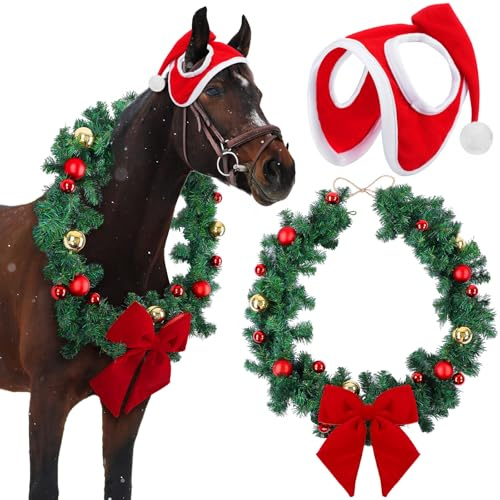 Dansydaisy 2 Stück Weihnachtspferd-Kostüm-Zubehör, 180 cm, Pferdehalskranz, Samt-Schleife, künstliche Girlande mit Weihnachtsmannmütze, für Feiertagsdekoration, Weihnachtsfeier, Paraden
