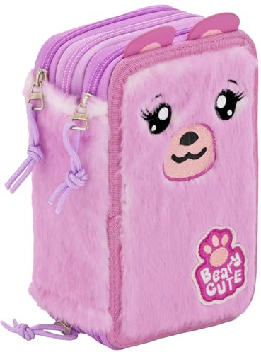 Julian Ross Astuccio 3 Scomparti Fluffy - 45 Pezzi, 2 Penne Gel Cancellabili, Colla, Forbici, Pastelli 4.0, 3 Zip, Bambina, Scuola e Regalo Orsetto Rosa