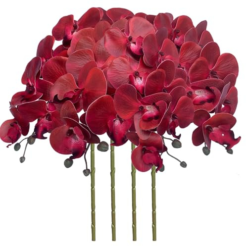 FagusHome 4 Pz Fiori Orchidea Phalaenopsis Fiori Artificiali Artificiali Phalaenopsis Fiori 80cm Orchidea Artificiali Pianta Finta per Decorazione (Rosso)
