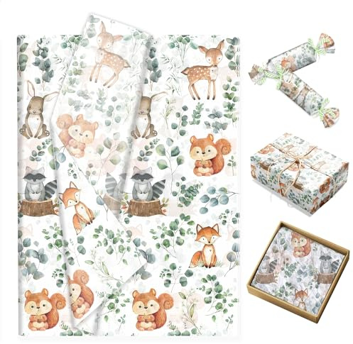 100 Blatt Grün Seidenpapier Waldtier Eukalyptus Geschenkpapier Seidenpapier Blumen für Geburtstag Babyparty Hochzeit Valentinstag Taufe Kommunion Geschenkverpackung,50x35cm