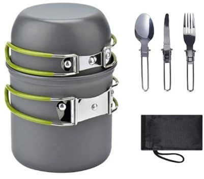 VNLCPX Set di Stoviglie da Campeggio, Campeggio Pentole Utensili Set con Pieghevole Coltello Forchetta e Cucchiaio, Cucina Outdoor Padella per Escursioni Picnic e Barbecue, Lega di Alluminio, Verde