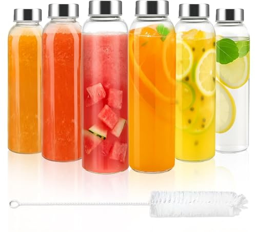 6pcs Glass Juice Bottles with Lids, 500ml Glass Water Drinking Bottles