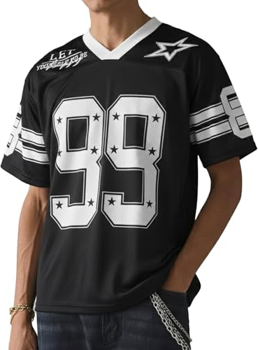 HAWILAND Women Mesh Football Basketball Jersey Tops Y2K Oversized T Shirt | American Football Jersey, Graphic Print Tee, Short Sleeve V Neck Tshirts, Streetwear