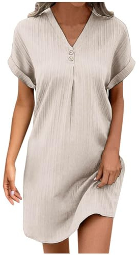 Générique Robe Lin Coton Femme Ete Chic Elegant Tunique Robe Manches Courtes Ample Casuel Couleur Unie Robes avec Boutons Col V Robes De Plage Grandes Tailles Dress pour FêTe Vacances S-4XL