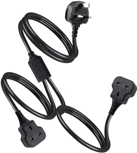 2-in-1 Double Socket Extensions 4m(2m+2x2m), 2 Way Short Extension Lead, UKCA,CE Certificatized, Tough and Fireproof Black Extension Lead, H05VV-F 3 * 1.5mm² Cable, Suitable for Outdoor and Home