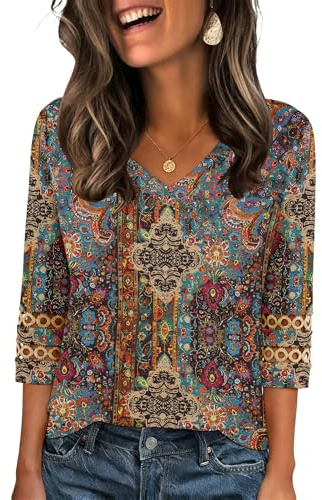 Zeagoo Damtoppar 3/4 ärm V-hals sommarblusar vanliga lösa tunika toppar öljett tröjor gå ut skjorta S-XXXL, Boho-stil, M