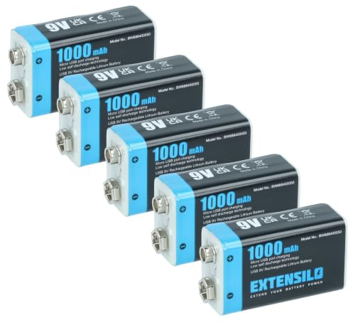 EXTENSILO 9 V batteri block ersättning för Daitem BATV13 (1 Ah, 9 V, Li-Ion), klar att använda, med mikro USB-uttag