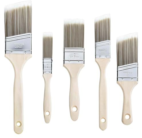 Qcdou 5 Pcs Paint Brush Set, Angled Sash Paint Brushes Pack, Cutting in Stain Brush for Wood, Walls, Ceilings, Metal, Double Thick Chip Wall Brushes for Interior & Exterior Painting, Wall Touch Up