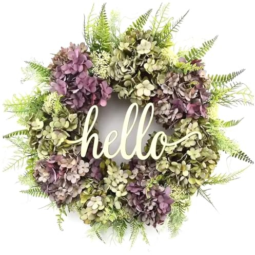 Ghirlanda di ortensie per porta d'ingresso - Ghirlande di fiori finti artificiali realistici per esterni con scritta di benvenuto viola-verde