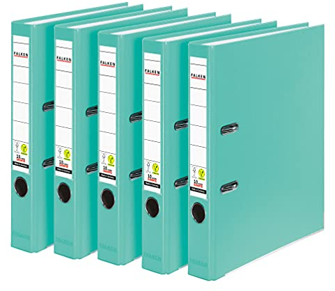 Original Falken 5er Pack PP-Color Kunststoff-Ordner. Made in Germany. 5 cm schmal DIN A4 Pastell-Farbe türkis Vegan Ringordner Aktenordner Briefordner Büroordner Plastikordner Schlitzordner