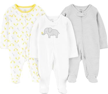 Simple Joys by Carter's Lot de 3 grenouillères unisexes pour bébé, Mini rayures gris clair/éléphant blanc/girafe, 3-6 mois