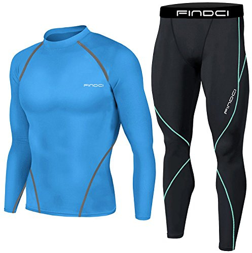 1Bests Set Sportivo da Corsa da Uomo Maglietta a Compressione + Pantaloni Aderenti Maniche Lunghe Asciugatura Rapida Tuta Fitness Palestra Yoga, Azzurro, M