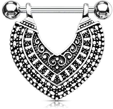 Tapsi´s Coolbodyart® Brustwarzen Nippelpiercing Chirurgenstahl 316L Silber-Schwarz Vintage Tribal Herz