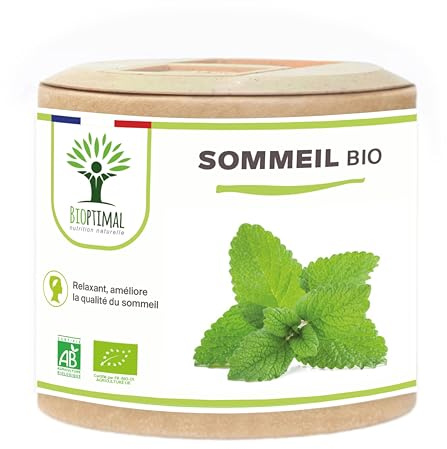 Sommeil Bio - Bioptimal - Complément alimentaire - Mélatonine Naturelle - 4 Plantes pour Dormir - Insomnie Stress Nuit Agitée - 230 mg/gélule - Fabriqué en France - Certifié Ecocert - 60 gélules