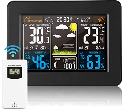Stazione Meteo con Sensore Esterno, Stazione Meteorologica con Ampio Schermo LCD Display Sveglia, Weather Station con Tempo Data Temperatura Umidità Previsioni di Tempo, Nero