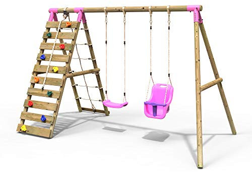 Rebo® Wooden Swing Set with Up and Over Climbing Wall - Kai Pink | OutdoorToys | Pressure Treated Timber, Toddler Baby Swing, Cargo Net, Climbing Rocks