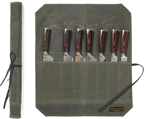 strapazierfähiges gewachstes Segeltuch,wasserfeste langlebige Messer-Rolltasche, tragbare Messertasche für Köche (Armeegrün)
