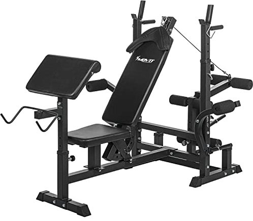 MOVIT Panca Pesi Multifunzione - Rastrelliera Bilancieri, Stazione Dip, Butterfly, Estensione della Gamba, Cavo di Trazione - Palestra da Casa, Fitness, Macchina Palestra, Multis, Stazione di Forza